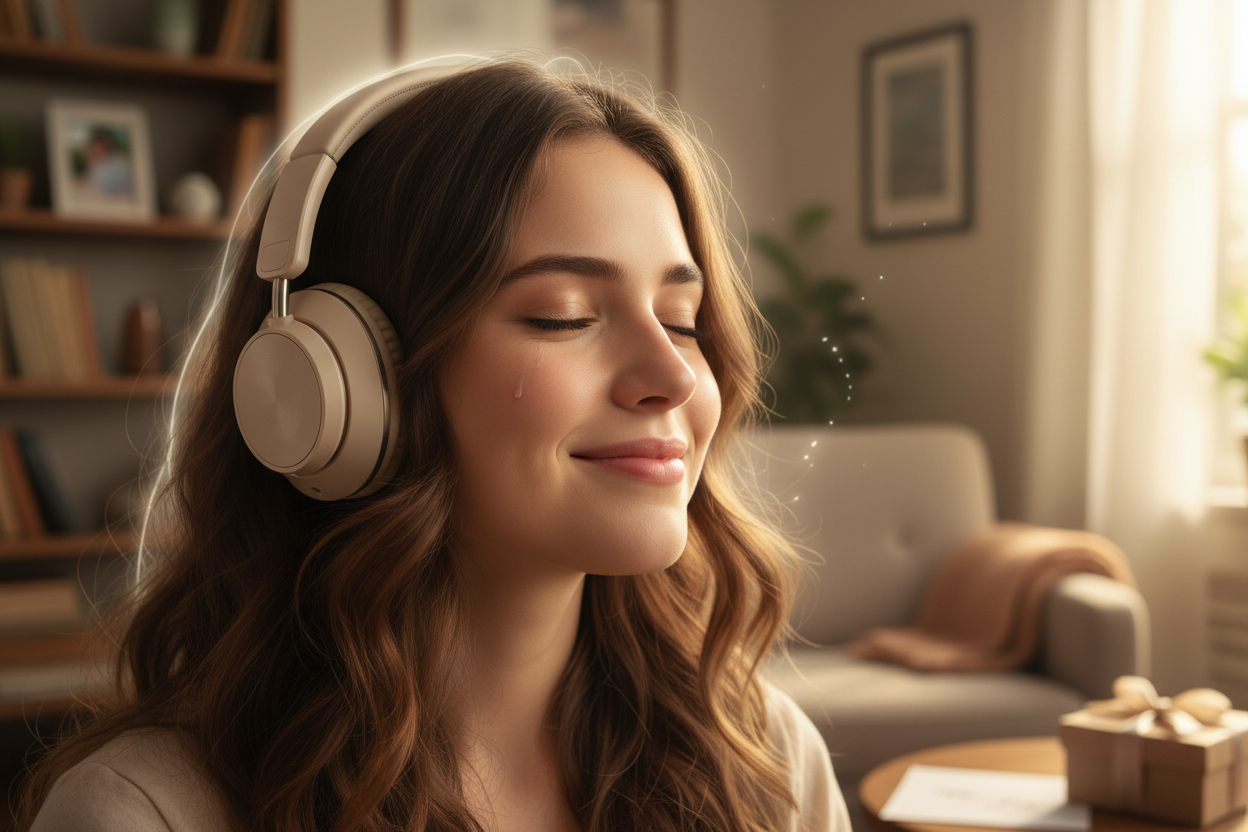 Emotii la ascultarea unei melodii primite cadou de o tanara frumoasa. ea area castile pe urechi.